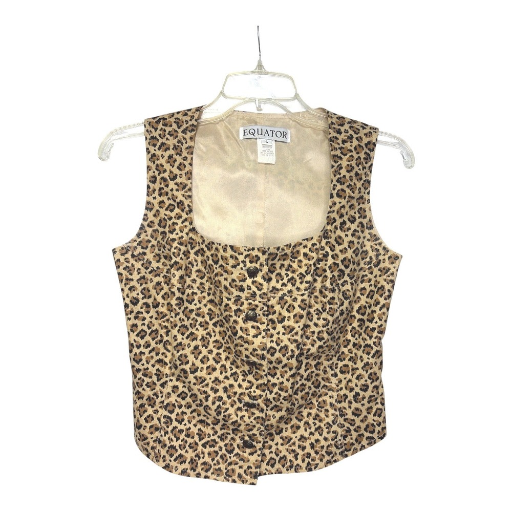 Equator Vintage Leopard Print Button Front Vest Women Size 6 Made in‎ USA Cotton